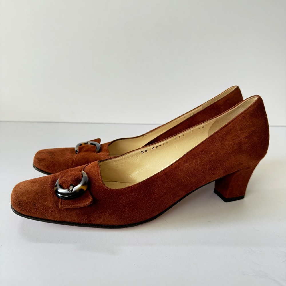 Vntg Salvatore Ferragamo 90s Women Suede Heels Brown Buckle Pumps Italy Sz 5.5 - Picture 4 of 11